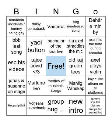 KAJ ON ICE Bingo Card