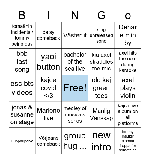 KAJ ON ICE Bingo Card