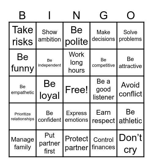 Relationship Expectations Bingo Card