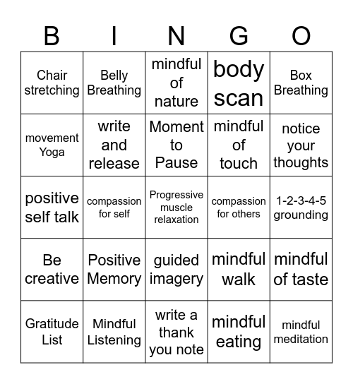 Mindfulness BINGO Card