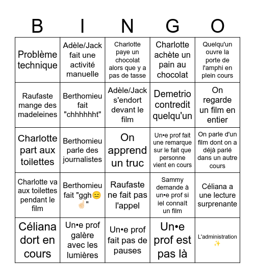 Bingo semaine de cours Bingo Card