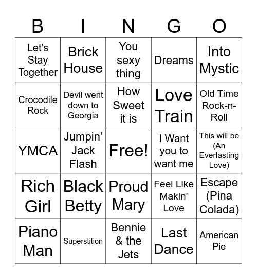 5. 1970's Hits - 4 Corners Bingo Card