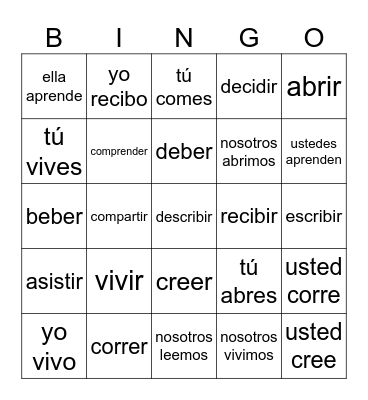er/ir verbs Bingo Card