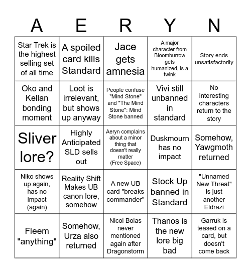 Aeryn's Cynical Squares 2026 Bingo Card