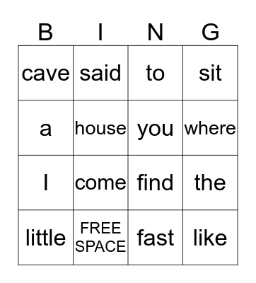 Word Bingo Card