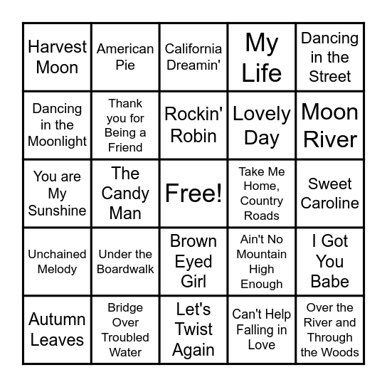 Name That Tune! Bingo Card