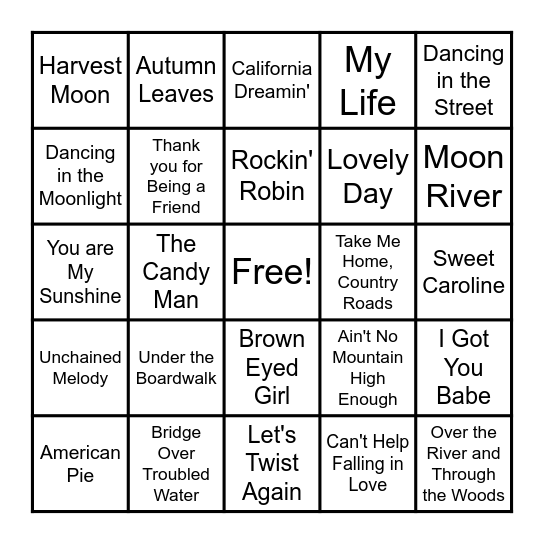 Name That Tune! Bingo Card