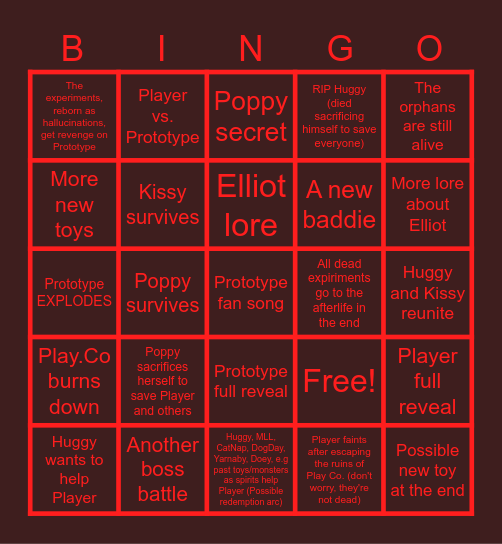 Poppy Playtime Chapter 5 Predictions Bingo Card