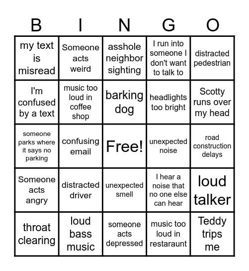 Things I can't control Bingo Card