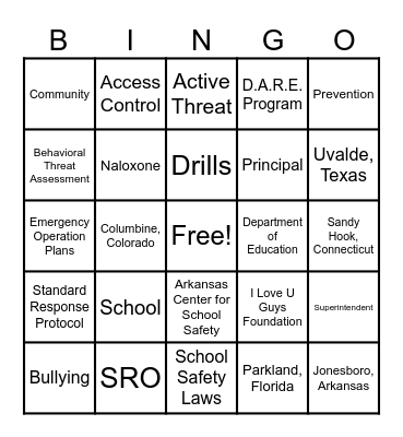 School Safety Bingo Card