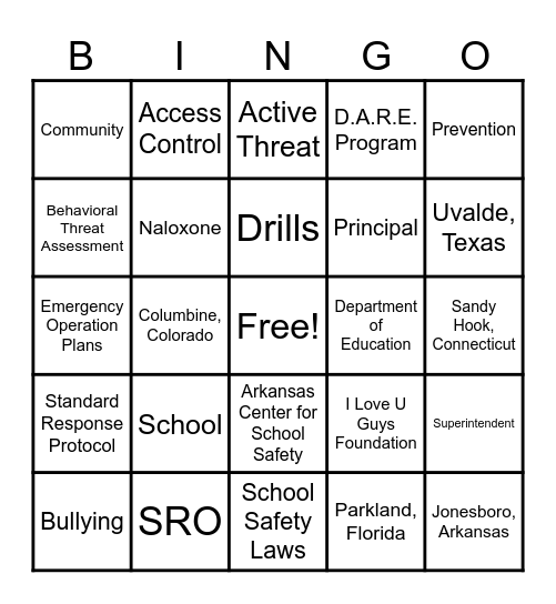 School Safety Bingo Card