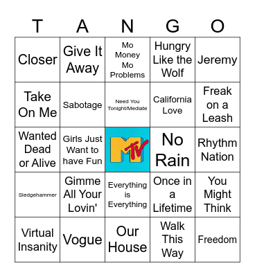 MTV's Top 100 Videos of All Time Tango Bingo Card