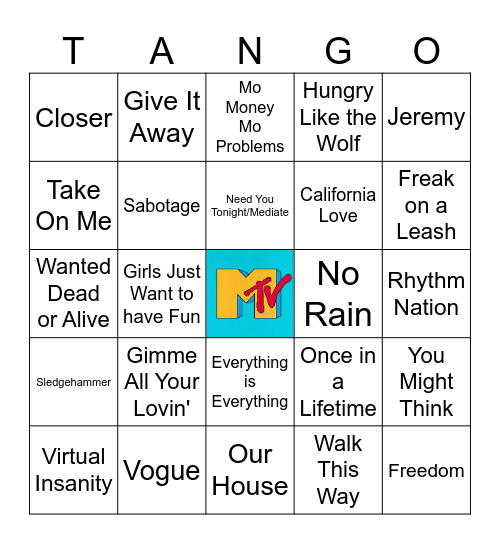 MTV's Top 100 Videos of All Time Tango Bingo Card