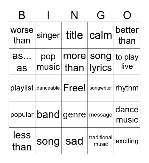 Vocab words Bingo Card