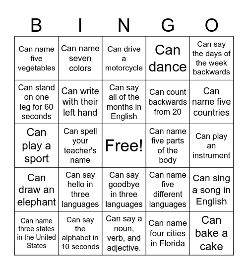 Modal Verb Can Bingo Card