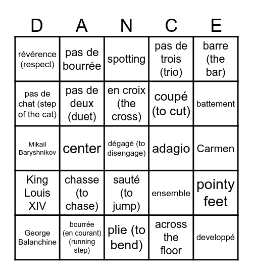 BALLET BINGO Card