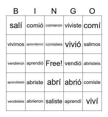 Spanish 2 - Preterite Verbs Bingo Card
