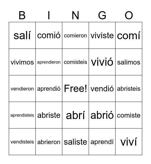 Spanish 2 - Preterite Verbs Bingo Card
