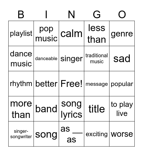 Test Vocab Bingo Card