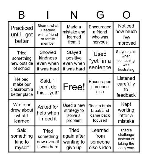 Growth Mindset Bingo Card