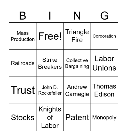 Industrial Revolution Bingo Card