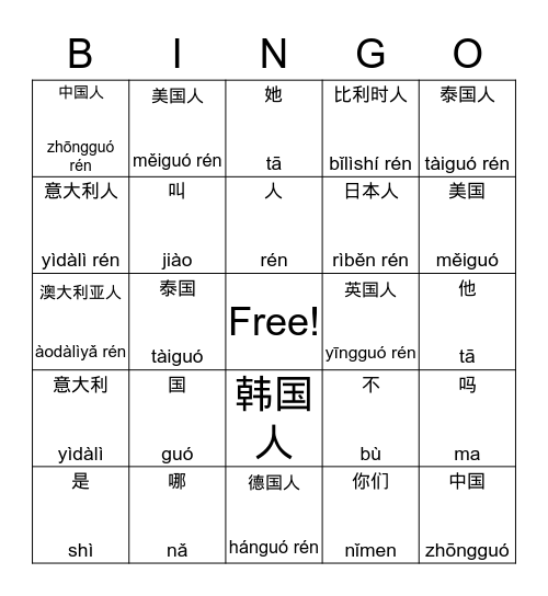 你们是哪国人？ Bingo Card