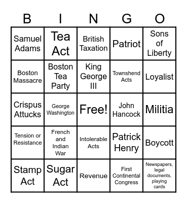 Road to Revolution Bingo Card