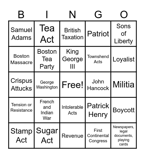 Road to Revolution Bingo Card
