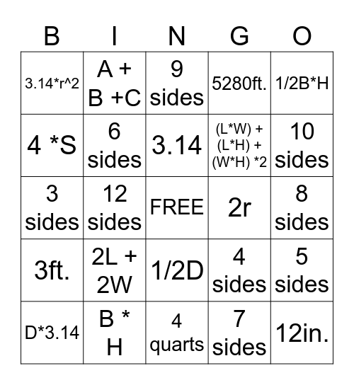 Math Review Bingo Card