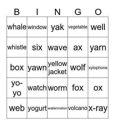 Final Phonics W,X,Y Bingo Card