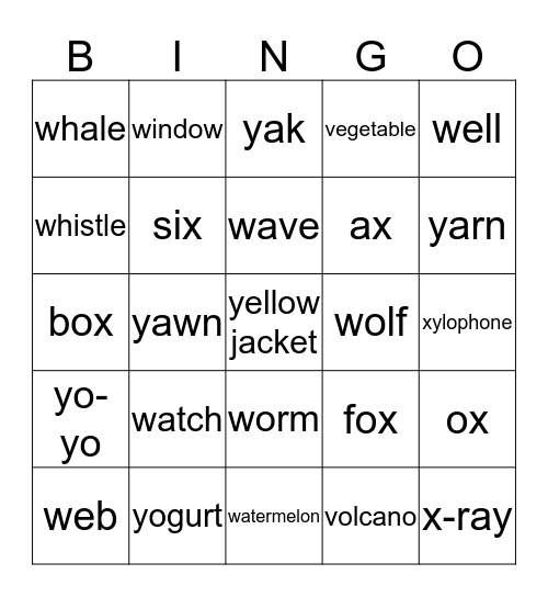 Final Phonics W,X,Y Bingo Card