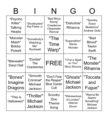Halloween Musical Bingo Card