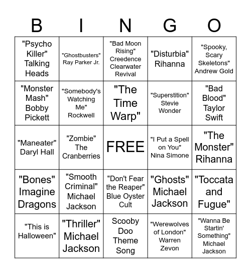 Halloween Musical Bingo Card