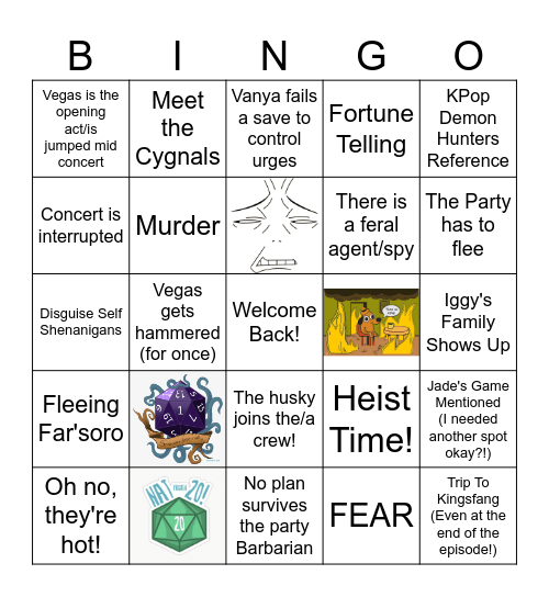 Cyngals Live! Beast World Ep 61 Bingo Card