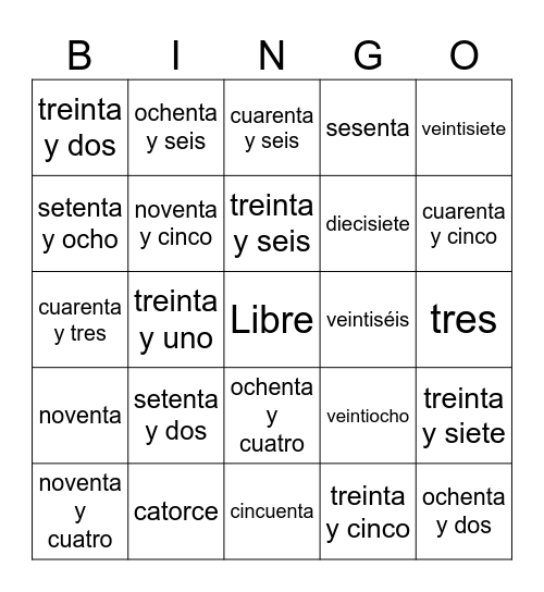 Los Numeros Bingo Card