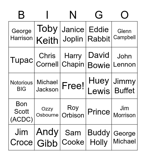 7. Dead Artists - Regular Bingo Card
