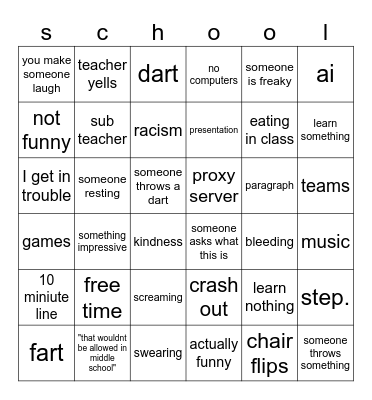 school day Bingo Card