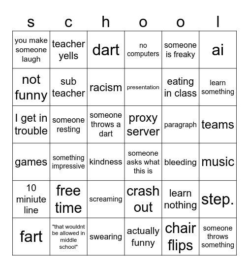 school day Bingo Card