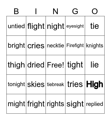 igh/ie Vowel Teams Bingo Card