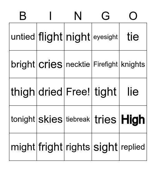 igh/ie Vowel Teams Bingo Card