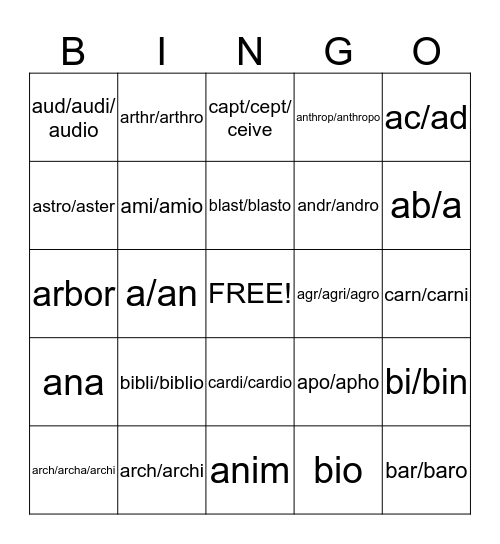 Roots "B" and "C" Bingo Card