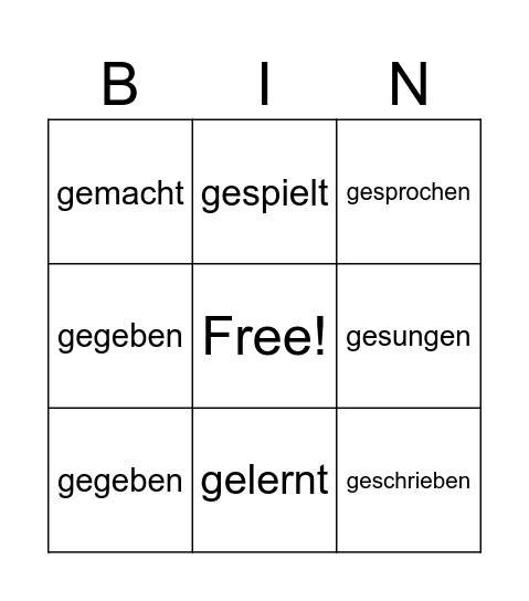 Partizip II Bingo Card