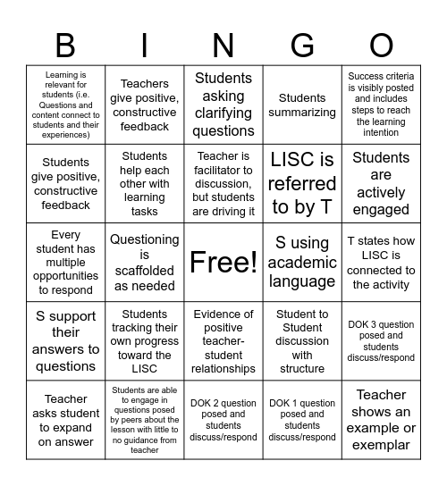 CMS Instructional Round Bingo Card