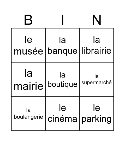 Les lieux de la ville Bingo Card