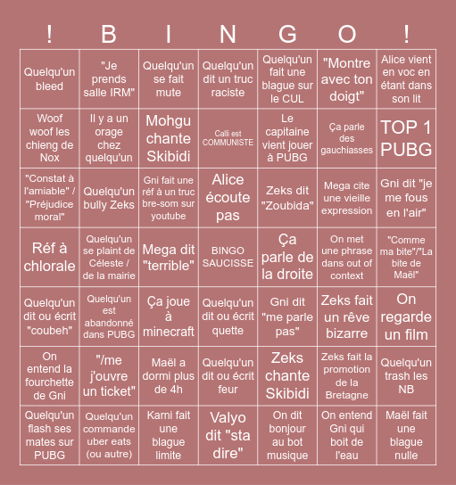 LE BINGO DE LA SAUCISSECTE Bingo Card