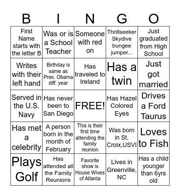 Clark Brunson Nathan Family Reunion Bingo Card