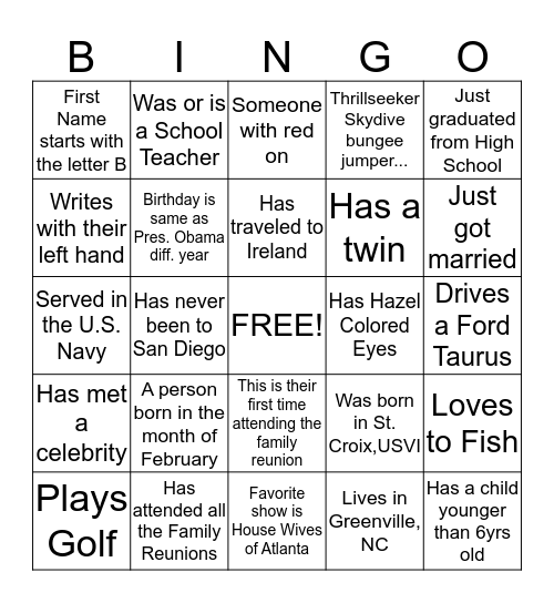 Clark Brunson Nathan Family Reunion Bingo Card