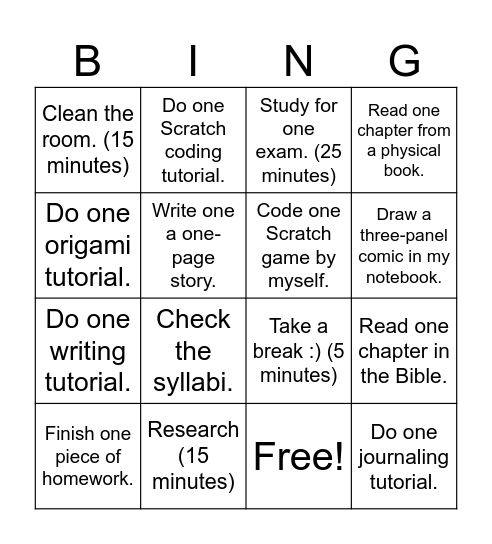 Studying Bingo Card