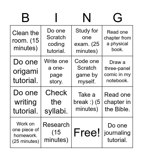 Studying Bingo Card