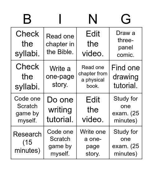 Homework Bingo Card